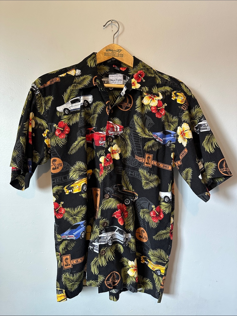 David Carey Rayon Blend Black Hawaiian Car-Print Short-Sleeve Shirt Men's L